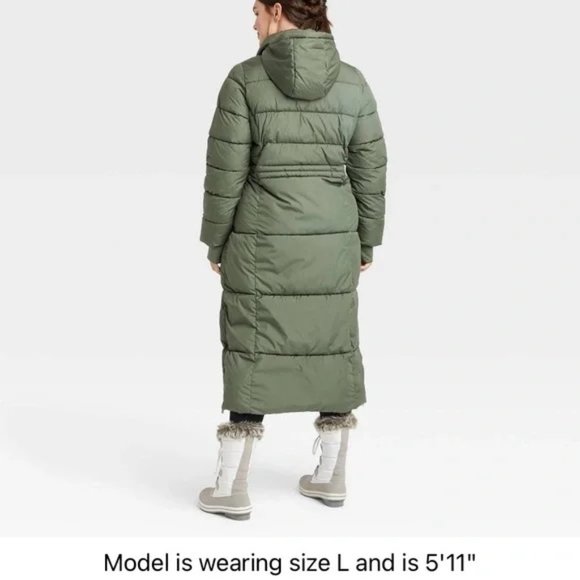 All in Motion Women’s Long Puffer Jacket w/ tuck away hoodie- olive gray - Picture 2 of 9